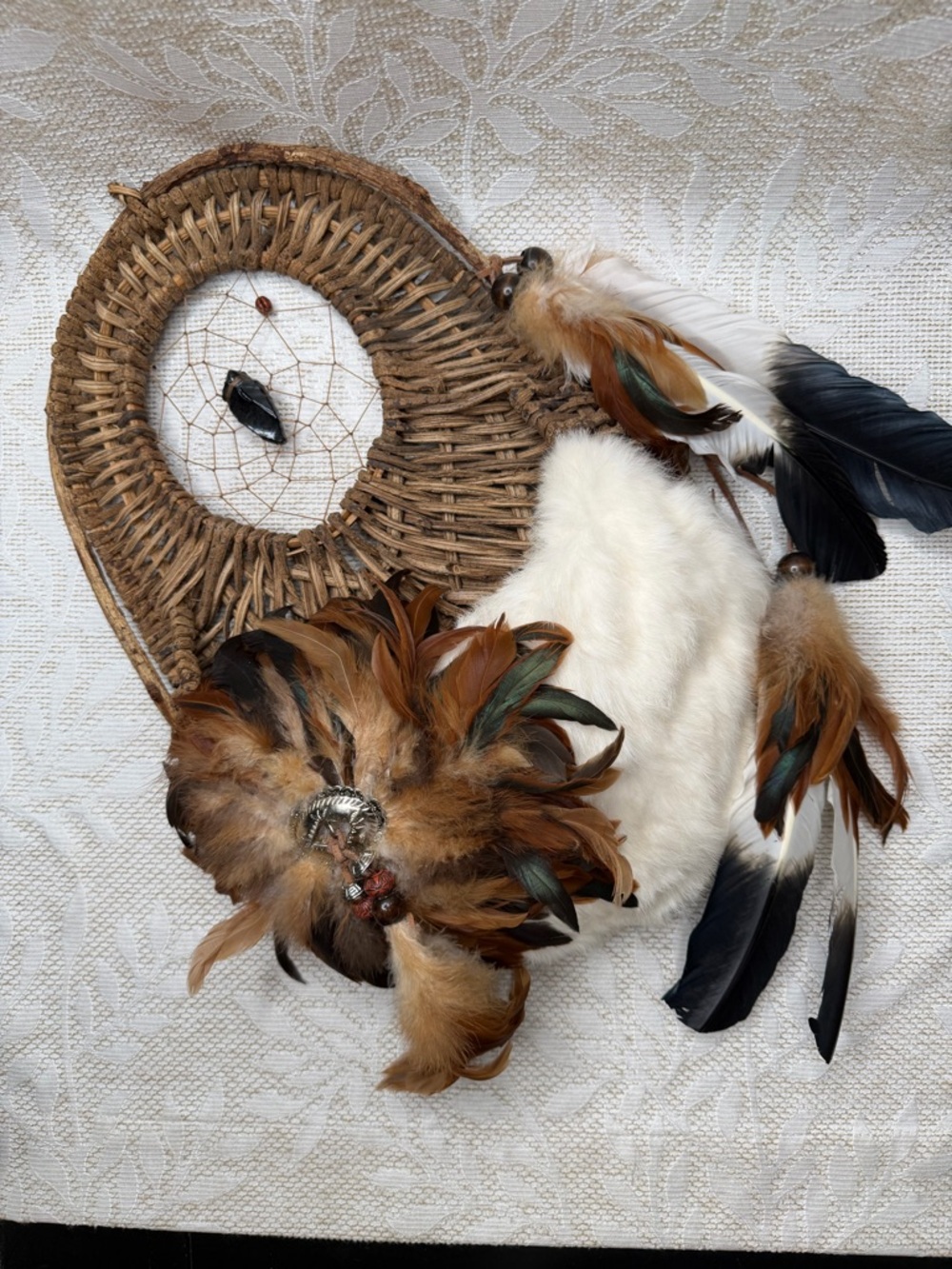 Handmade Feather & Fur Tribal Wall Hanging - letter holder basket